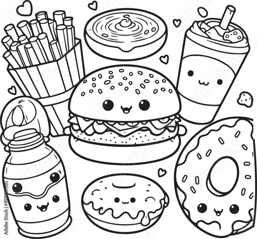 Cute Food and Drink ,and drink items ,for a children's coloring book illustration