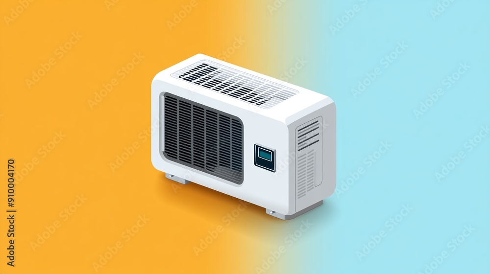 Isometric Air conditioner with fresh air icon isolated on orange background. Split system air conditioning. Cool and cold climate control system. Isometric Air conditioner with fresh air icon isolated on orange background. Split system air conditioning. Cool and cold climate control system.