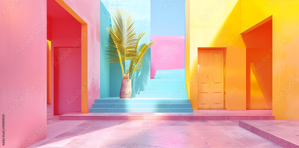 3D Illustration of a Colorful Courtyard with Stairs and a Palm Tree 3D Illustration of a Colorful Courtyard with Stairs and a Palm Tree