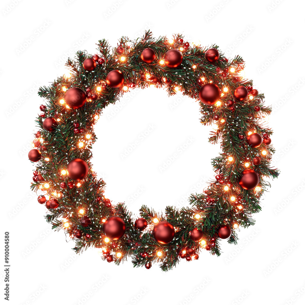 Festive Christmas Wreath with Red Ornaments and Warm Lights on Transparent Background Festive Christmas Wreath with Red Ornaments and Warm Lights on Transparent Background