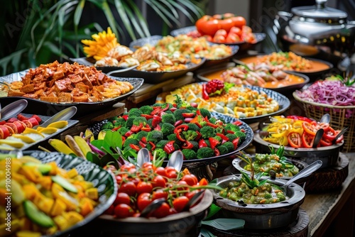 vibrant buffet spread showcasing diverse cuisines with colorful dishes and fresh ingredients