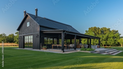 Contemporary black and white barndominium with spacious outdoor entertainment space
