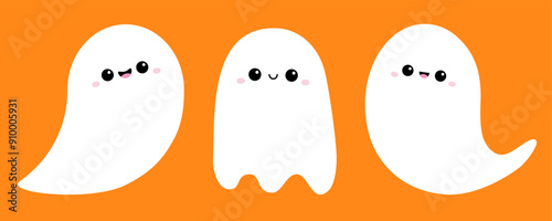Three flying ghost spirit set. Happy Halloween. Cute cartoon kawaii funny spooky baby character. Scary white ghosts. Boo. Smiling face. Greeting card. Line banner. Orange background Flat design Vector
