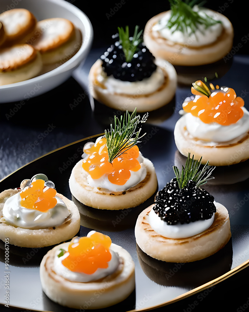 An opulent caviar flight with a selection of premium caviars, blinis, crème fraîche, and chives An opulent caviar flight with a selection of premium caviars, blinis, crème fraîche, and chives