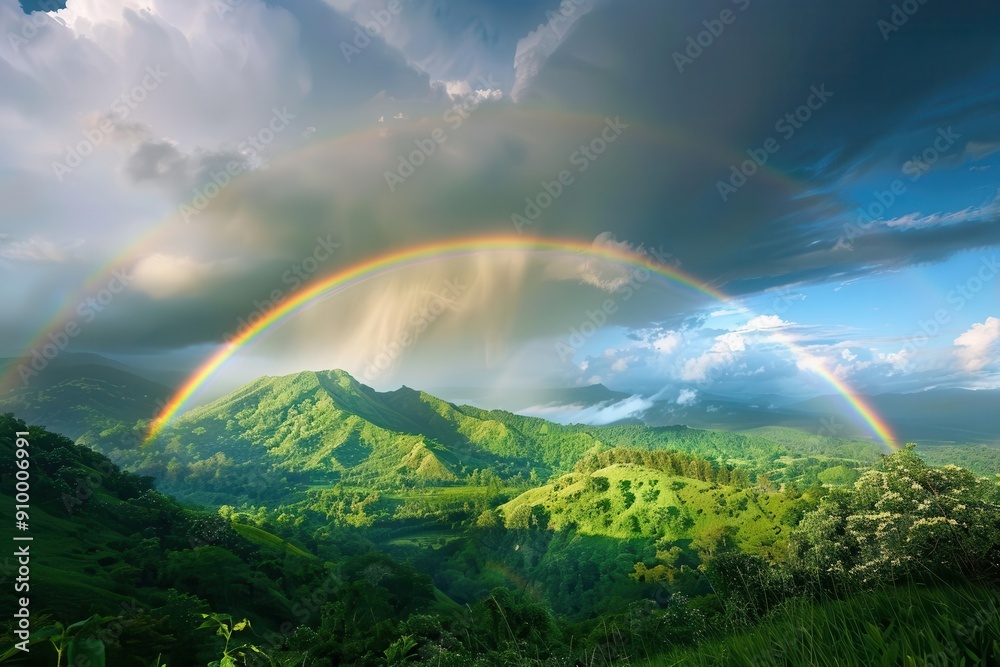 vibrant double rainbow arching over a lush green valley sunlight breaking through storm clouds illuminating a shimmering pot of gold at rainbows end