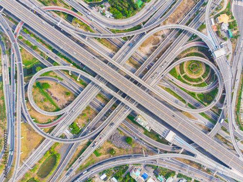 Aerial view city transport curve return junction road with car transport industrial