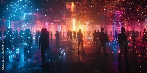 Futuristic Digital Cityscape with Silhouetted Figures and Vibrant Neon Lights