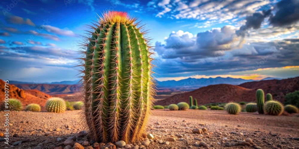 Fototapeta premium Powerful cactus with vibrant spikes standing tall in the desert landscape, cactus, powerful, spikes, desert, landscape, succulent