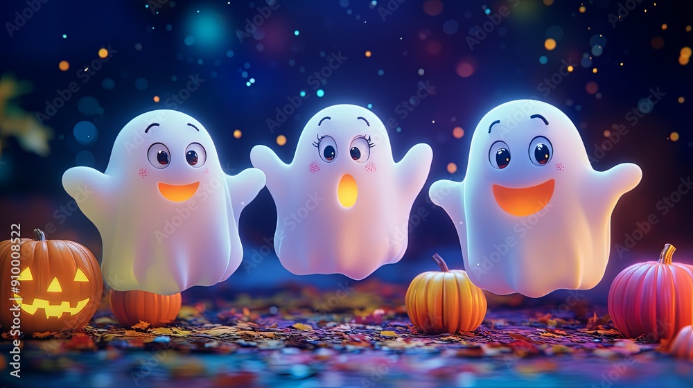 Whimsical Scene of Smiling Ghosts with Colorful Pumpkins Whimsical Scene of Smiling Ghosts with Colorful Pumpkins