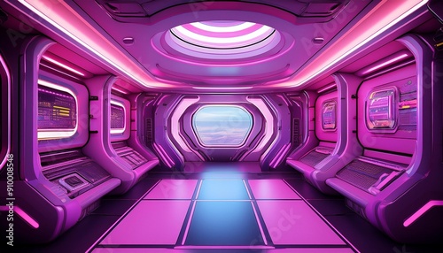 Pink and purple spaceship interior with neon lights on panel walls very detailed and realistic shape