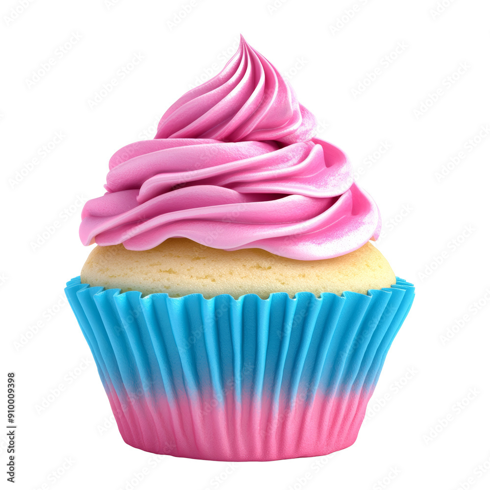 Delicious Vanilla Cupcake with Pink Frosting in Blue Wrapper on White Background Delicious Vanilla Cupcake with Pink Frosting in Blue Wrapper on White Background