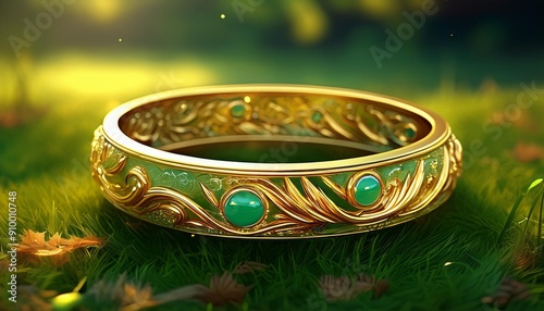 Golden jade bangle isolated on the grass