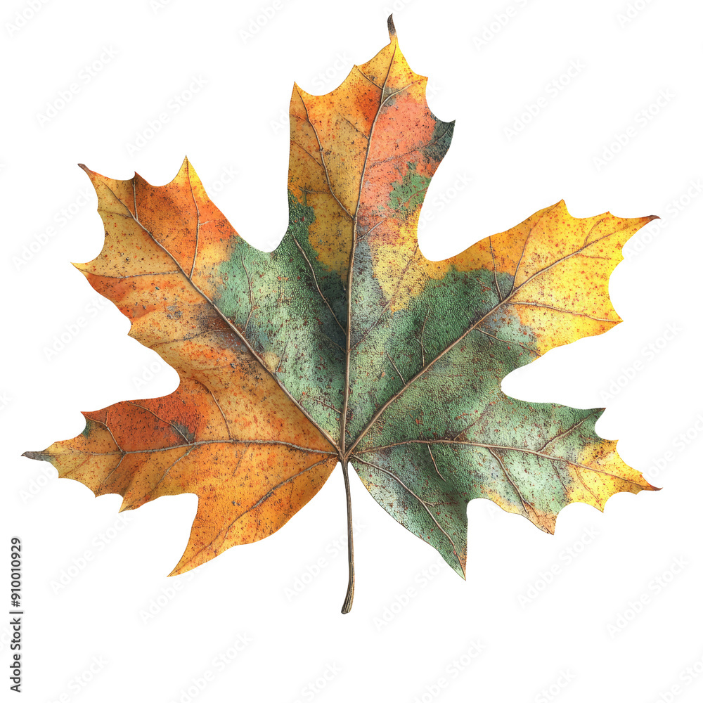Vibrant Autumn Maple Leaf with Multicolored Patterns Isolated on White Background