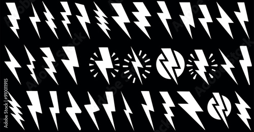 Flash lightning bolt icons, striking designs, energy symbols, white lightning bolts on black background, dynamic graphic elements, perfect for logos, posters, and digital media