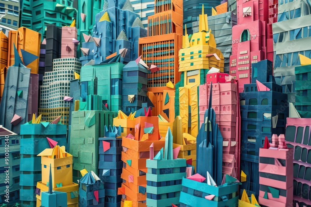 vibrant origami cityscape teeming with diverse paper figures intricate folded buildings and colorful geometric shapes creating a whimsical urban tapestry