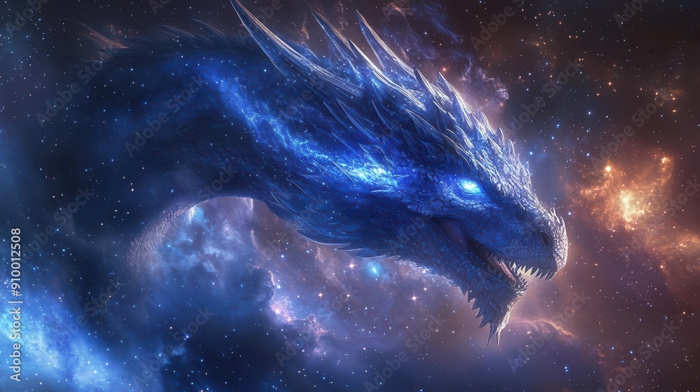 majestic blue dragon emerging from a cosmic nebula with scales shimmering like stars and eyes glowing with ancient wisdom majestic blue dragon emerging from a cosmic nebula with scales shimmering like stars and eyes glowing with ancient wisdom