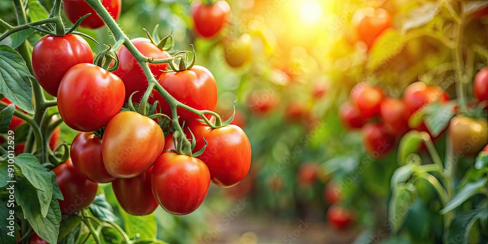 Ripe red tomatoes on the vine in a lush garden setting, fresh, organic, juicy, summer, ripe, vegetables, plants, agriculture Ripe red tomatoes on the vine in a lush garden setting, fresh, organic, juicy, summer, ripe, vegetables, plants, agriculture