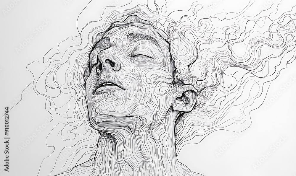 Fototapeta premium Pencil Line Drawing Emphasizing Attention and Mental Health with Contemplative Expression