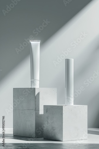 Wallpaper Mural Minimalistic display of two white cosmetic tubes on concrete cubes in soft natural light Torontodigital.ca