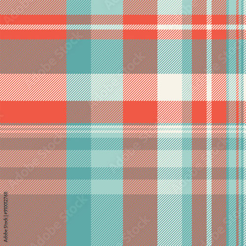 Editable vector fabric tartan, nobility background check seamless. Open plaid textile pattern texture in red and teal colors.