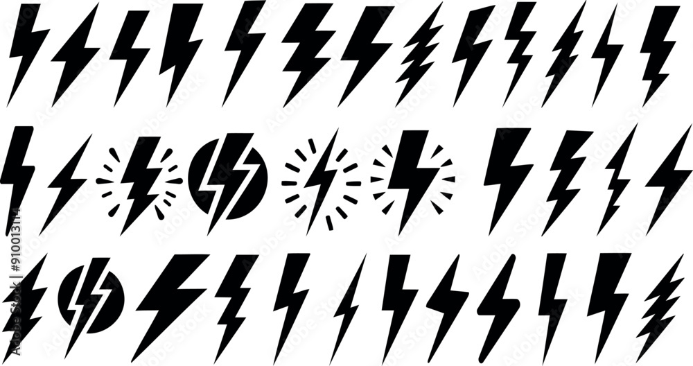 Electricity icon, flash lightning bolt symbol, power, energy icons vector graphics for graphic design elements in various styles