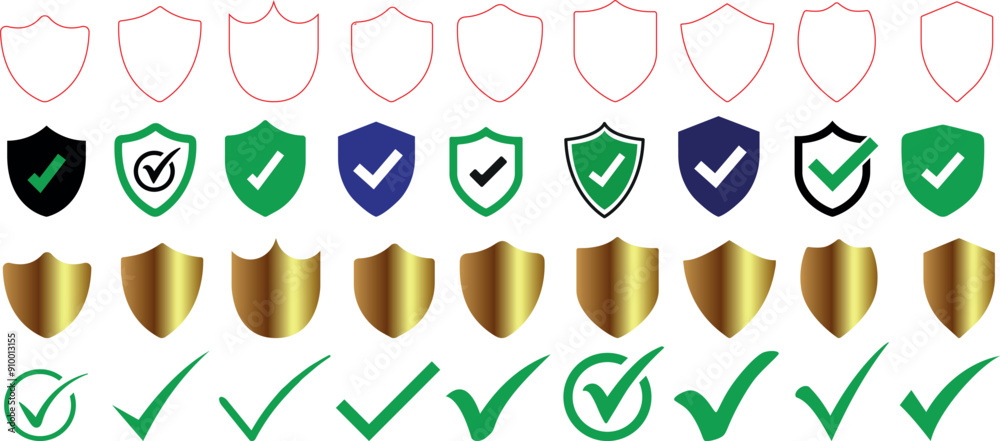Shield and checkmark icon set, green, gold, security, protection vector symbol collection Shield and checkmark icon set, green, gold, security, protection vector symbol collection