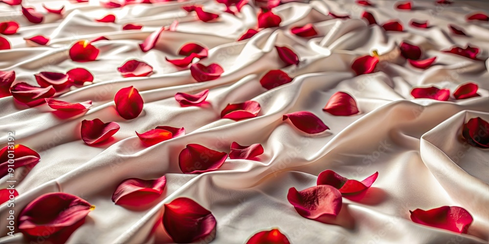 Rose petals scattered on a luxurious silk bedspread , romance, love, passion, floral, beautiful, elegant, soft, delicate Rose petals scattered on a luxurious silk bedspread , romance, love, passion, floral, beautiful, elegant, soft, delicate