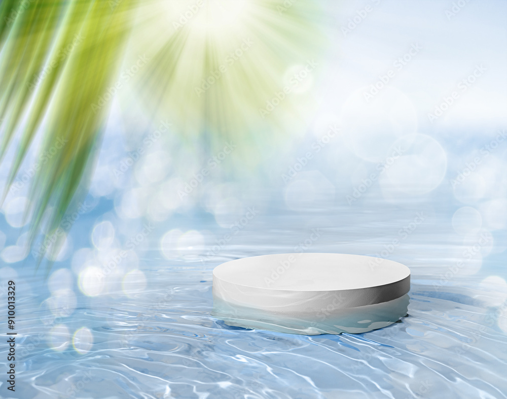 Display product podium In a tranquil water scene under the bright and warm sunlight