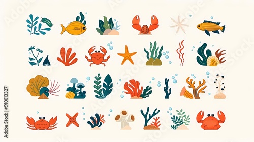 Colorful marine life illustrations featuring fish, crabs, starfish, and sea plants in a playful underwater design.