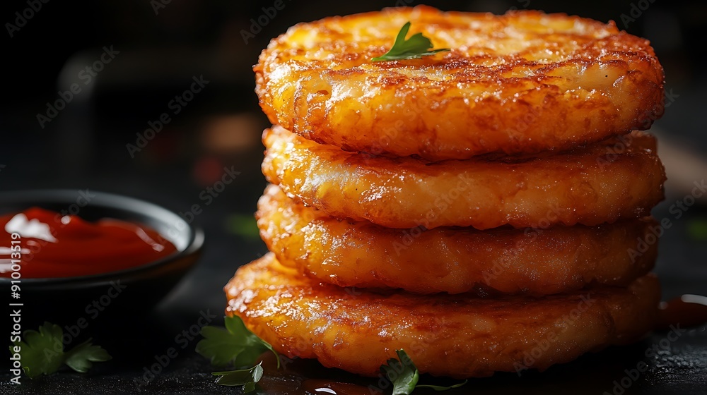 Stack of Crispy Fried Potato Patties with Ketchup Stack of Crispy Fried Potato Patties with Ketchup