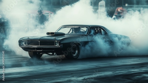 A classic muscle car performs a powerful drift on the drag strip, leaving a cloud of smoke as the sun sets in the background.