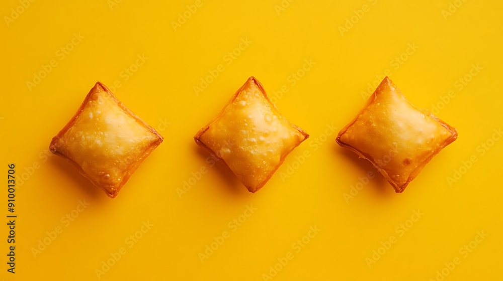 Three Golden Fried Pastries on Yellow Background
