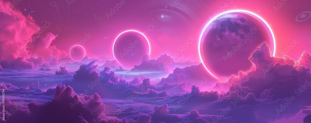 Obraz premium Vaporwave tarot card design with three glowing celestial bodies in pink and purple clouds