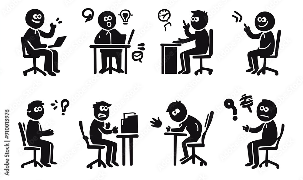 Set of 8 simple stick figure illustrations depicting various office worker emotions. Set of 8 simple stick figure illustrations depicting various office worker emotions.