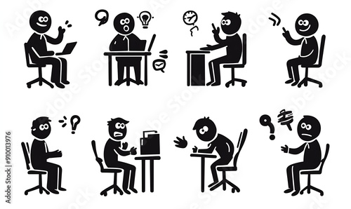 Set of 8 simple stick figure illustrations depicting various office worker emotions.