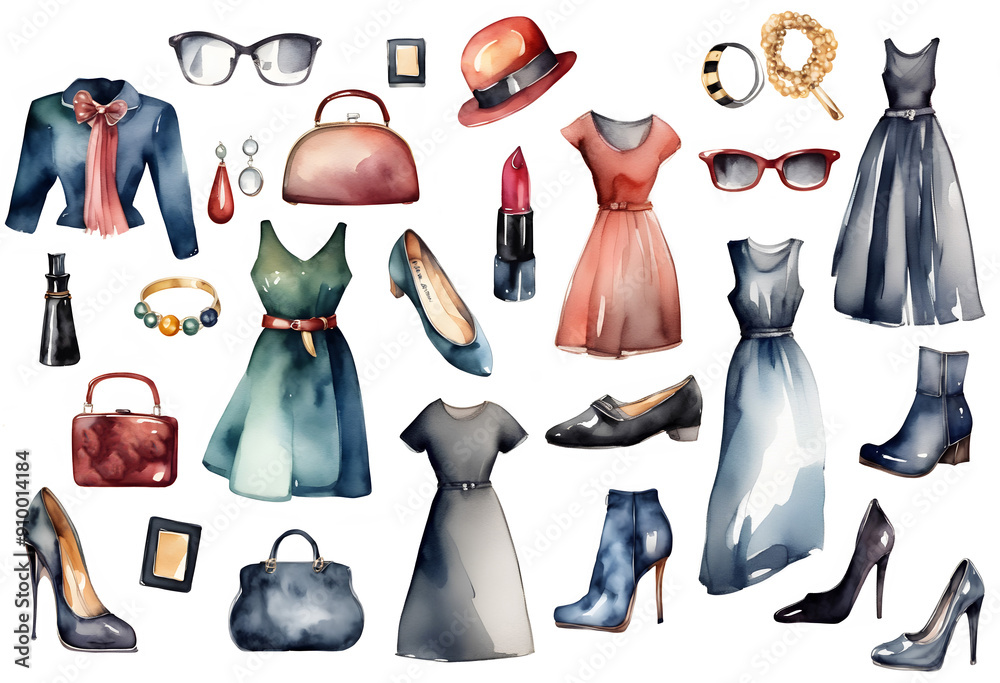 Obraz premium Set of lady retro fashion accessories, dresses and shoes