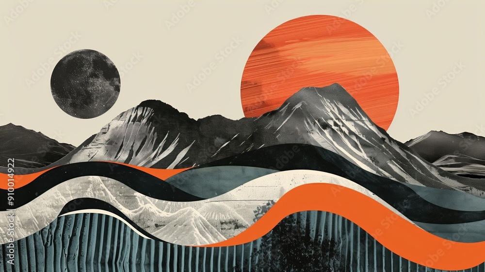 Obraz premium Surreal mountain landscape with abstract sun and moon in a modern art style.