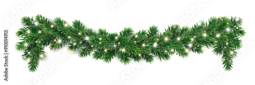 Christmas tree garlands on transparent background. Realistic pine-tree branches with glowing sparkling Christmas lights decoration. Vector border for holiday banners, party posters, cards, headers.