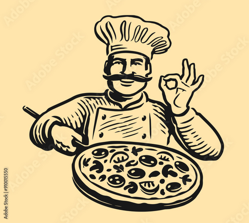 Chef with pizza. Italian food, fast food restaurant emblem or logo design. Sketch vector illustration