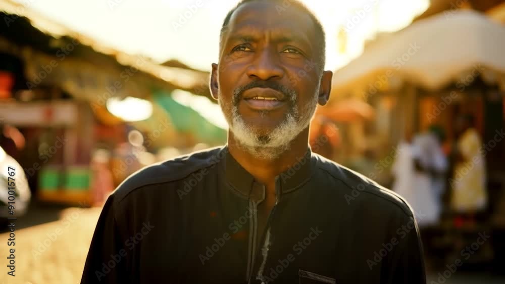 A man gazes thoughtfully while enjoying the lively atmosphere of a vibrant market just before sunset A man gazes thoughtfully while enjoying the lively atmosphere of a vibrant market just before sunset
