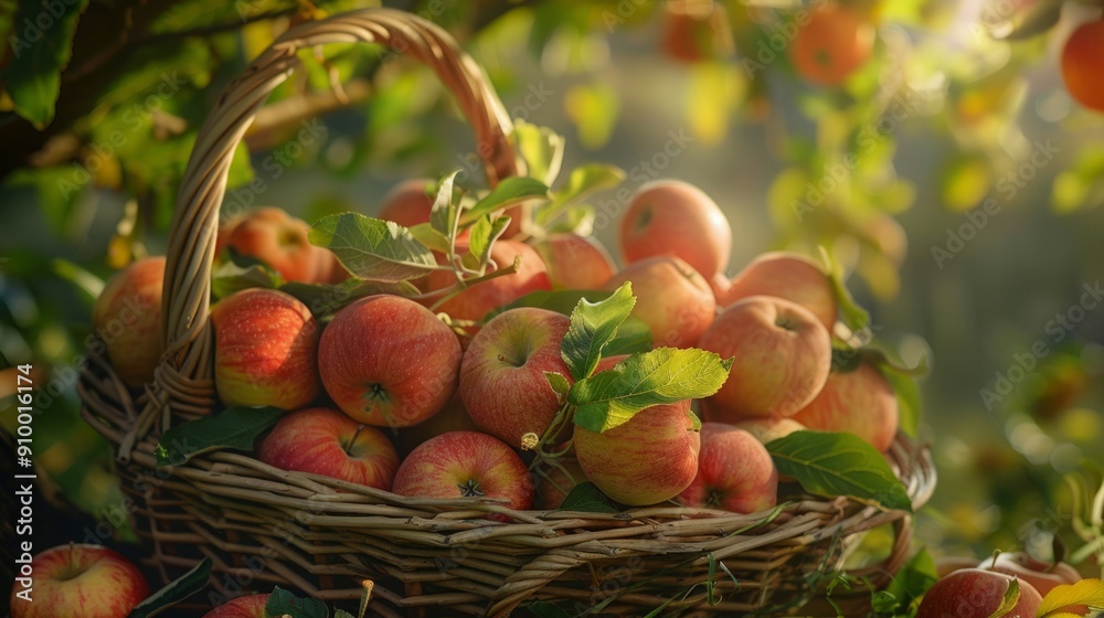A basket of apples with leaves A basket of apples with leaves