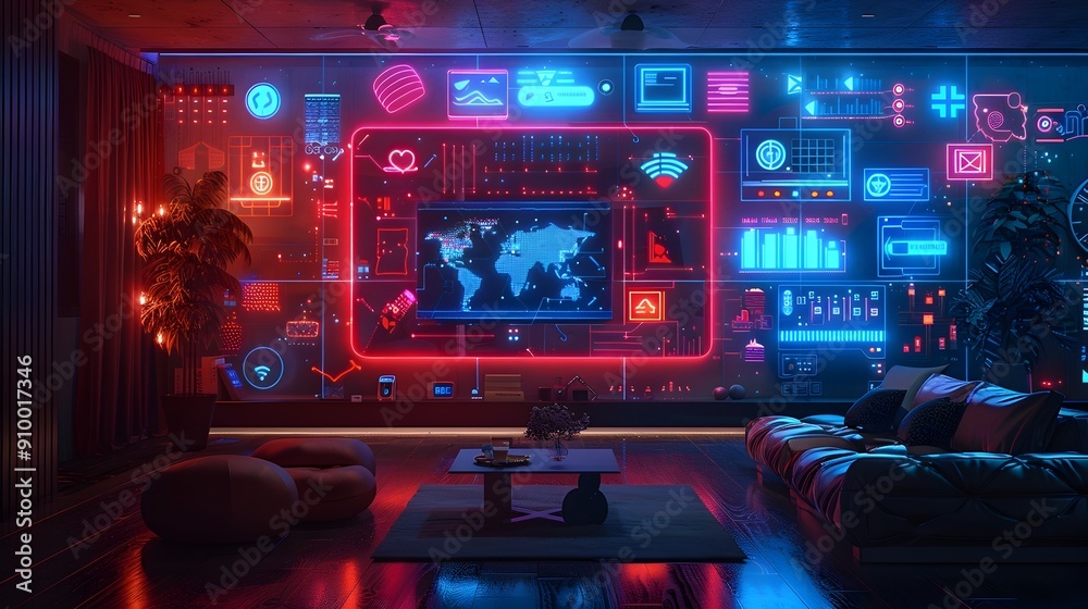 Smart Home System with Futuristic Digital Interface Controlling Lighting Temperature and Security