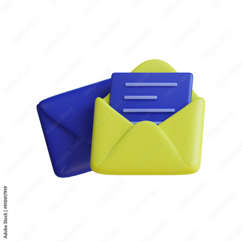 3D illustration of an open yellow envelope with a blue letter inside, isolated on a black background. 3D illustration of an open yellow envelope with a blue letter inside, isolated on a black background.