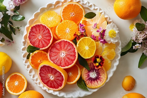 Citrus Fruit Arrangement with Flowers and Leaves