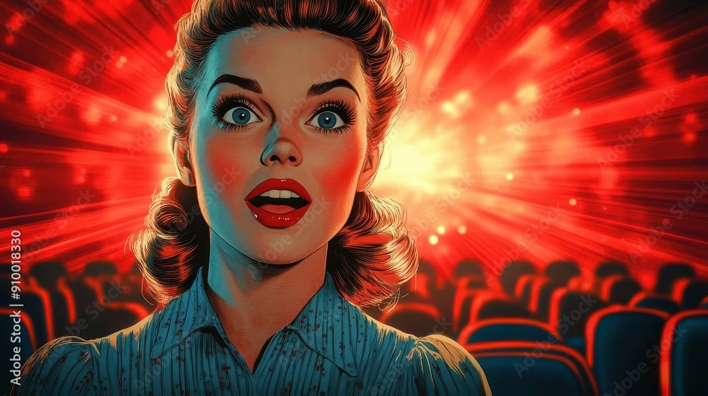retrostyled woman in cinema face illuminated by screen light exaggerated expression of excitement and wonder vintage color palette with pops of vivid red comic book inspired composition retrostyled woman in cinema face illuminated by screen light exaggerated expression of excitement and wonder vintage color palette with pops of vivid red comic book inspired composition