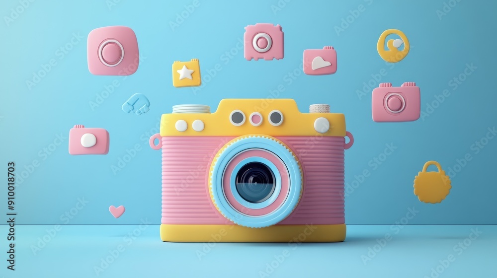 An engaging 3D animation of a pop art-styled digital camera, with bright colors and exaggerated features. The camera is surrounded by floating icons representing various photography functions, set An engaging 3D animation of a pop art-styled digital camera, with bright colors and exaggerated features. The camera is surrounded by floating icons representing various photography functions, set