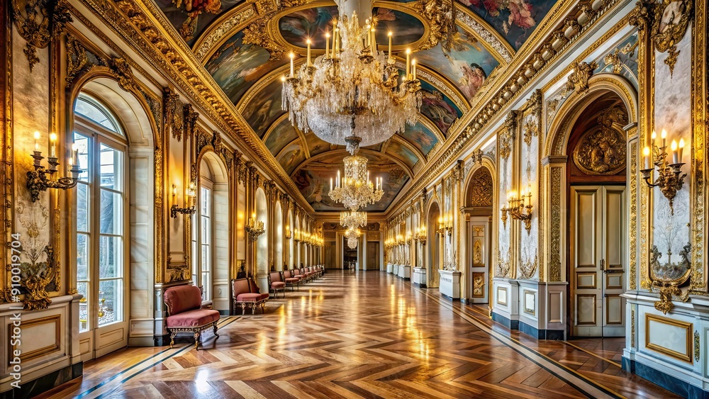 Opulent and ornate hallway in a French royal interior, luxurious, regal, elegant, vintage, chandelier, aristocratic, historic
