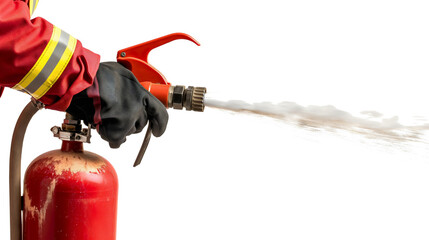 Red fire extinguisher isolated on transparent background. Emergency flame danger firefighter rescue equipment, metal container with hose, fireman protection object, tool, foam, hazard, prevention