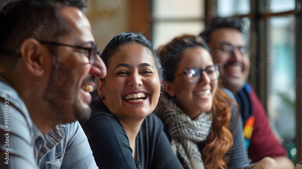 A group of friends laughing and enjoying each other's company, seated in a cozy indoor setting. A group of friends laughing and enjoying each other's company, seated in a cozy indoor setting.
