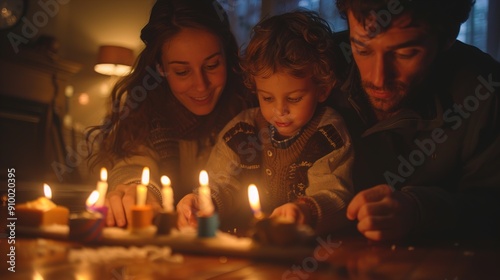 Capturing the Warm Glow of Family Traditions: Cinematic Documentary Style Editorial Photography of a Family Lighting the Menorah in a Cozy Winter Evening Living Room photo